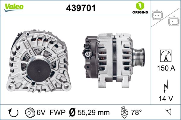 Alternatore Valeo 439701 14V 150A con Puleggia a Ruota Libera – Compatibile Citroën, Peugeot, Fiat, DS