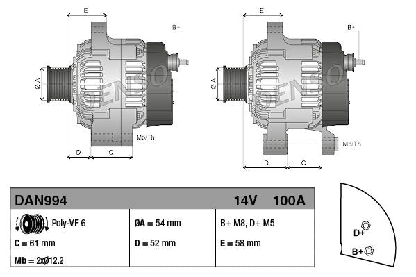 Alternatore Denso 12V100A - DAN994  12V100AH  Marca: DENSO