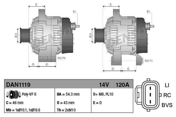 Alternatore Denso 14V 150A | Cod. 1042103522 – DAN930 | OEM Alta Efficienza